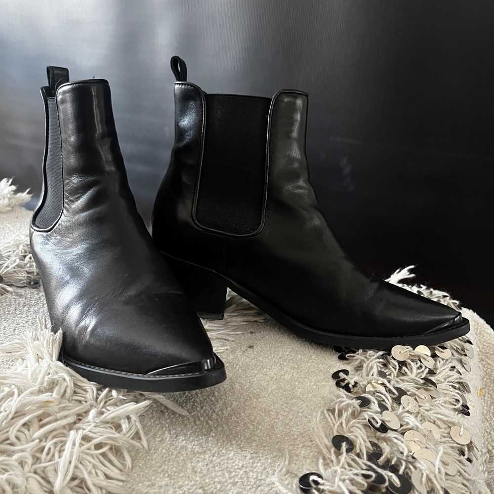 All Saints Black Leather Pointed-Toe Chelsea Booties